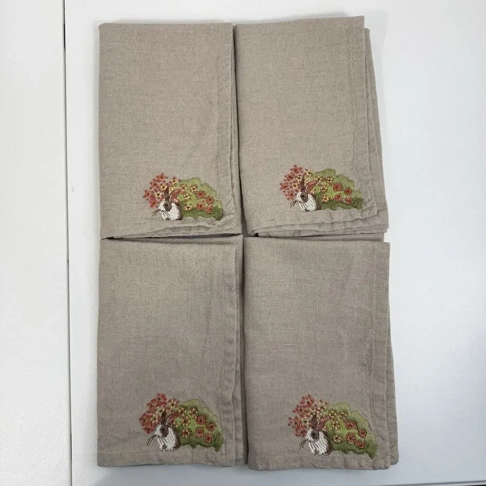 Pottery Barn Bunny Rabbit Embroidered Napkins Set Of 4 Linen Cotton Beige Easter